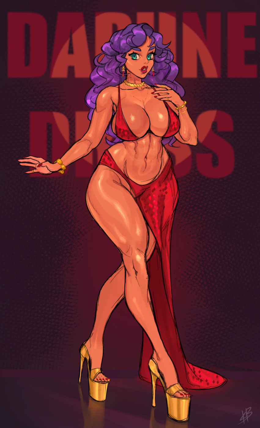 1girls big_ass big_breasts breasts cleavage clothed clothing curly_hair daphne_dress dress earrings female female_only heels high_heels human kofuuboat light-skinned_female light_skin lipstick long_hair looking_at_viewer mostly_nude platform_heels purple_hair solo voluptuous