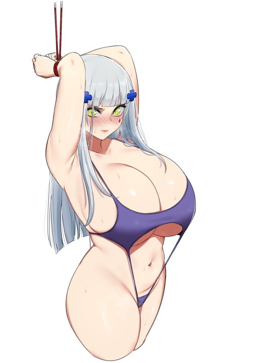 absurdres armpits arms_behind_head bangs bikini blunt_bangs blush bound bound_arms breasts cleavage facial_tattoo female girls'_frontline green_eyes hair_ornament hairclip highres hime_cut hk416_(girls'_frontline) huge_breasts long_hair looking_at_viewer navel samyukgoo369 silver_hair stomach sweat swimsuit tattoo thick_thighs thighs upper_body