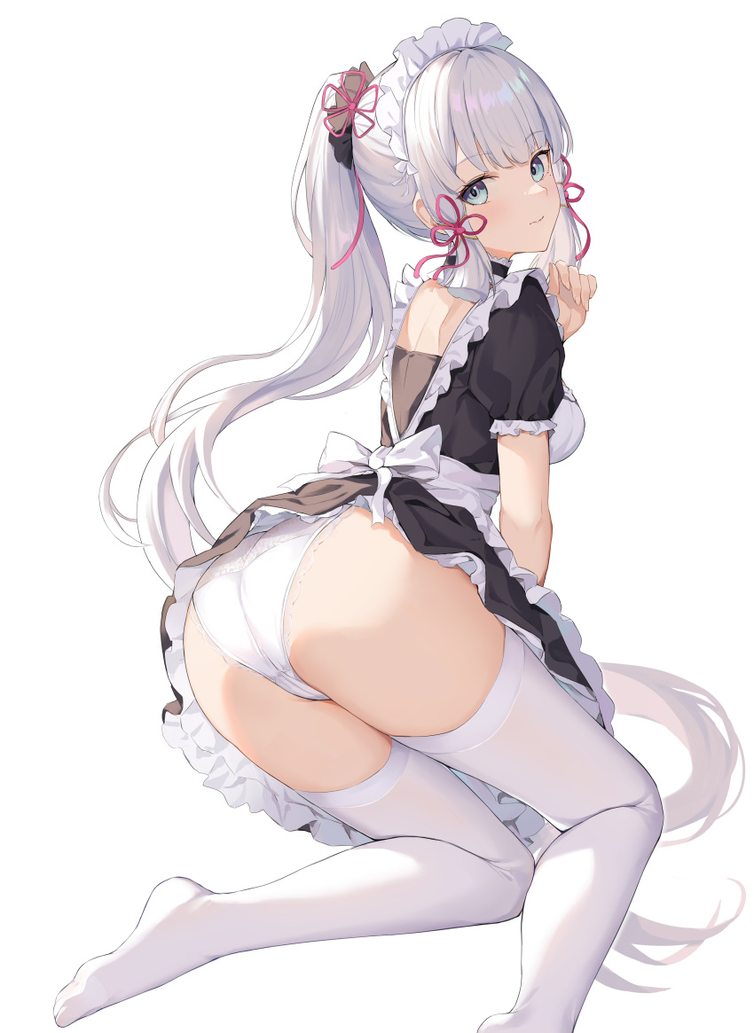 1girls alternate_costume ass ass_focus back back_view blue_eyes choker dress female from_behind genshin_impact high_ponytail hokori_sakuni kamisato_ayaka legwear light-skinned_female light_skin lingerie looking_at_viewer looking_back maid no_shoes panties ponytail short_dress solo stockings thighhighs thighs underwear white_hair white_legwear white_panties