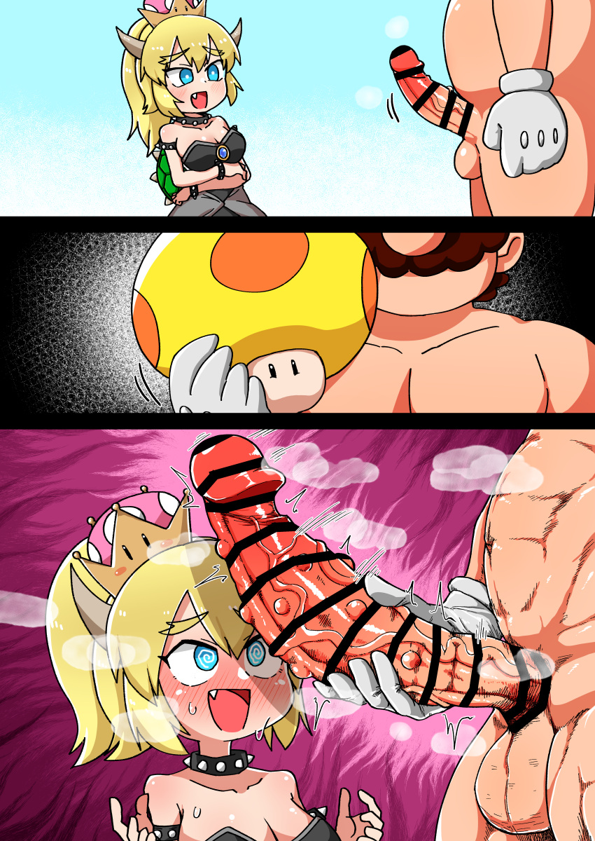 1boy 1girls blonde_hair bowsette censored chasocha choker clothed_female_nude_male comic huge_cock imminent_sex mario mario_(series) mega_mushroom new_super_mario_bros._u_deluxe nintendo penis_awe penis_grab penis_growth_(enlargement) ponytail super_mario_bros. sweat veiny_penis