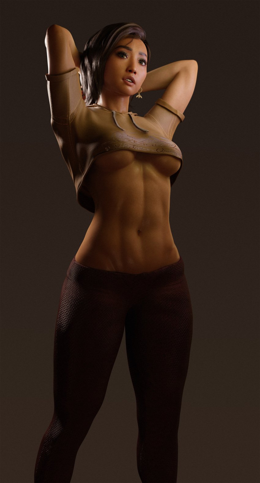 1girls 3d 3d_(artwork) asian asian_female athletic athletic_female batesz black_hair brenda_song brown_eyes busty crop_top earrings female female_focus female_only hourglass_figure kaitlyn_ka solo standing supermassive_games tagme the_quarry underboob wide_hips