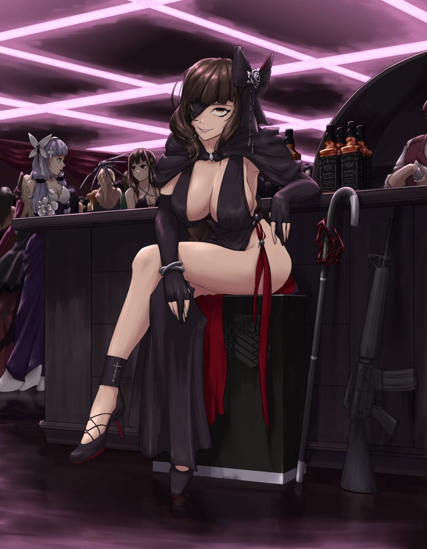 6+girls alcohol assault_rifle bar bartender bottle breasts cane cleavage crossed_legs elbow_gloves eyepatch fingerless_gloves girls'_frontline gloves gun high_heels highres hk416_(girls'_frontline) jack_daniel's large_breasts m16 m16a1_(girls'_frontline) m4a1_(girls'_frontline) multiple_girls official_alternate_costume rifle st_ar-15_(girls'_frontline) talos198 umbrella weapon whiskey wine_bottle