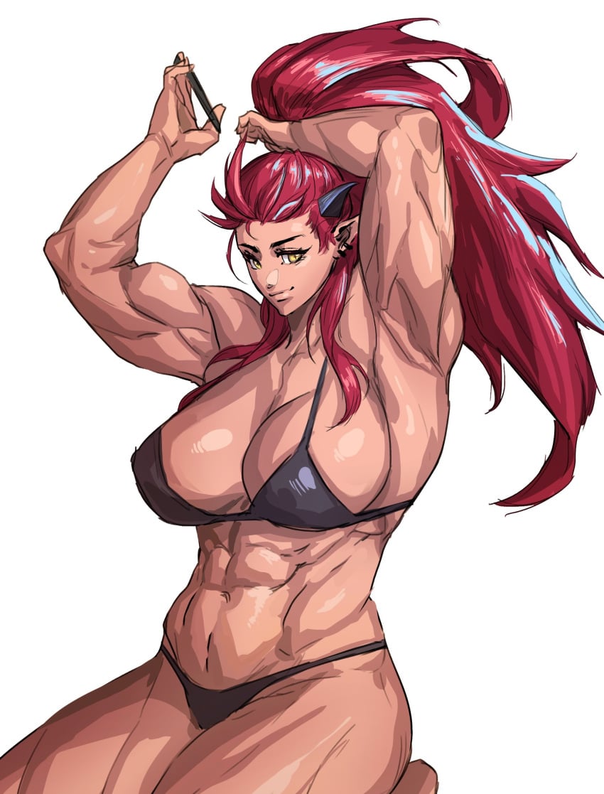 1girls abs ali_(sotcho) arms_above_head big_breasts bikini bra muscular_female red_hair tying_hair virgoart1509