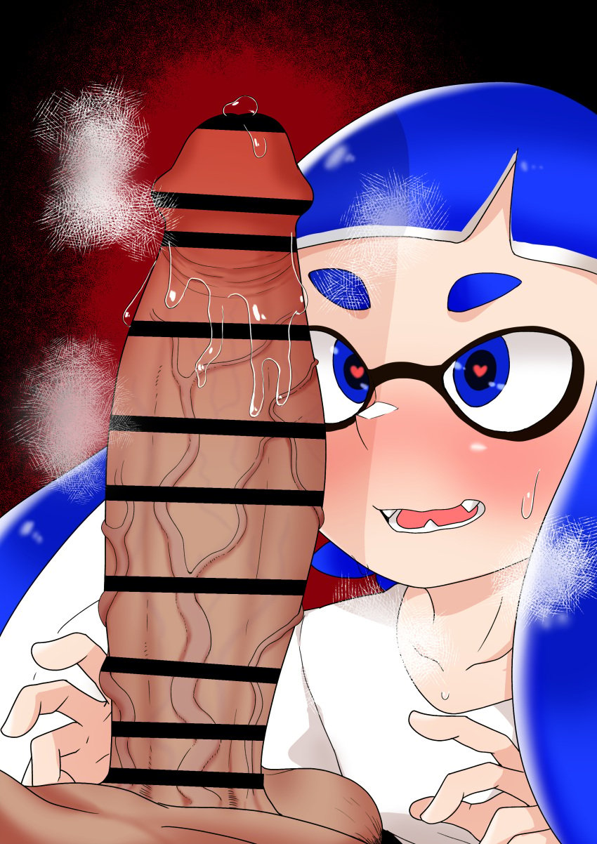 1boy 1girls blush censored chasocha clothed_female_nude_male domino_mask heart-shaped_pupils huge_cock inkling inkling_girl nintendo penis_awe precum splatoon veiny_penis