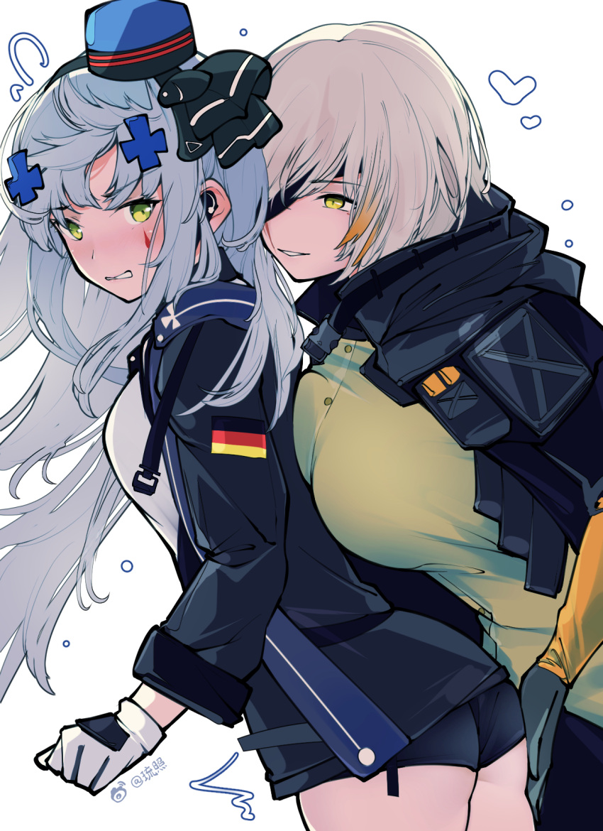 2girls ass ass_grab assertive_female blush breasts eyepatch facial_mark german_flag girls'_frontline gloves green_eyes hair_ornament hat highres hk416_(girls'_frontline) jacket large_breasts liu_zhao m16a1_(boss)_(girls'_frontline) m16a1_(girls'_frontline) mod3_(girls'_frontline) multiple_girls silver_hair weibo_logo weibo_username white_background white_hair yuri