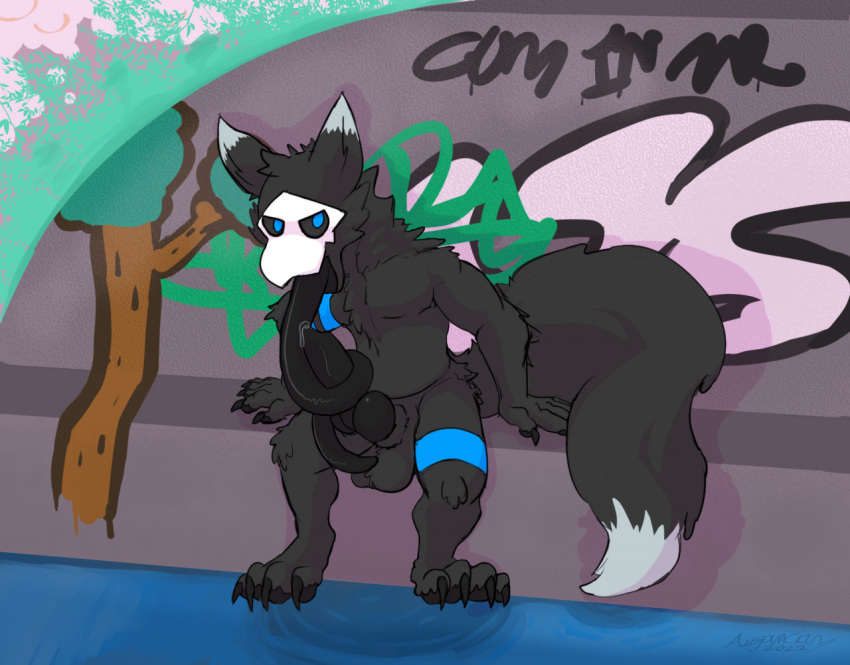 anthro ausjamcian big_tail black_body black_fur blue_eyes canid canine canis changed_(video_game) fur licking long_tongue looking_at_viewer male male_only mammal oral sex sitting solo solo_focus tongue tongue_out tonguejob water wolf