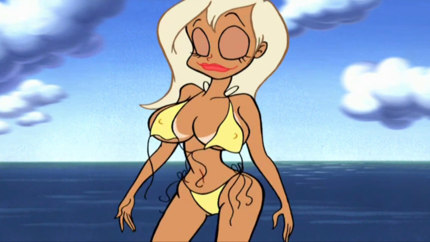 1girls beach_ball_girl big_breasts bikini blonde_hair breasts busty cleavage closed_eyes female female_only hi_res hips large_breasts legs lipstick makeup navel pose red_lipstick ren_and_stimpy ren_and_stimpy_"adult_party_cartoon" screencap sensual solo tan tanline thighs underboob untied_bikini voluptuous yellow_bikini