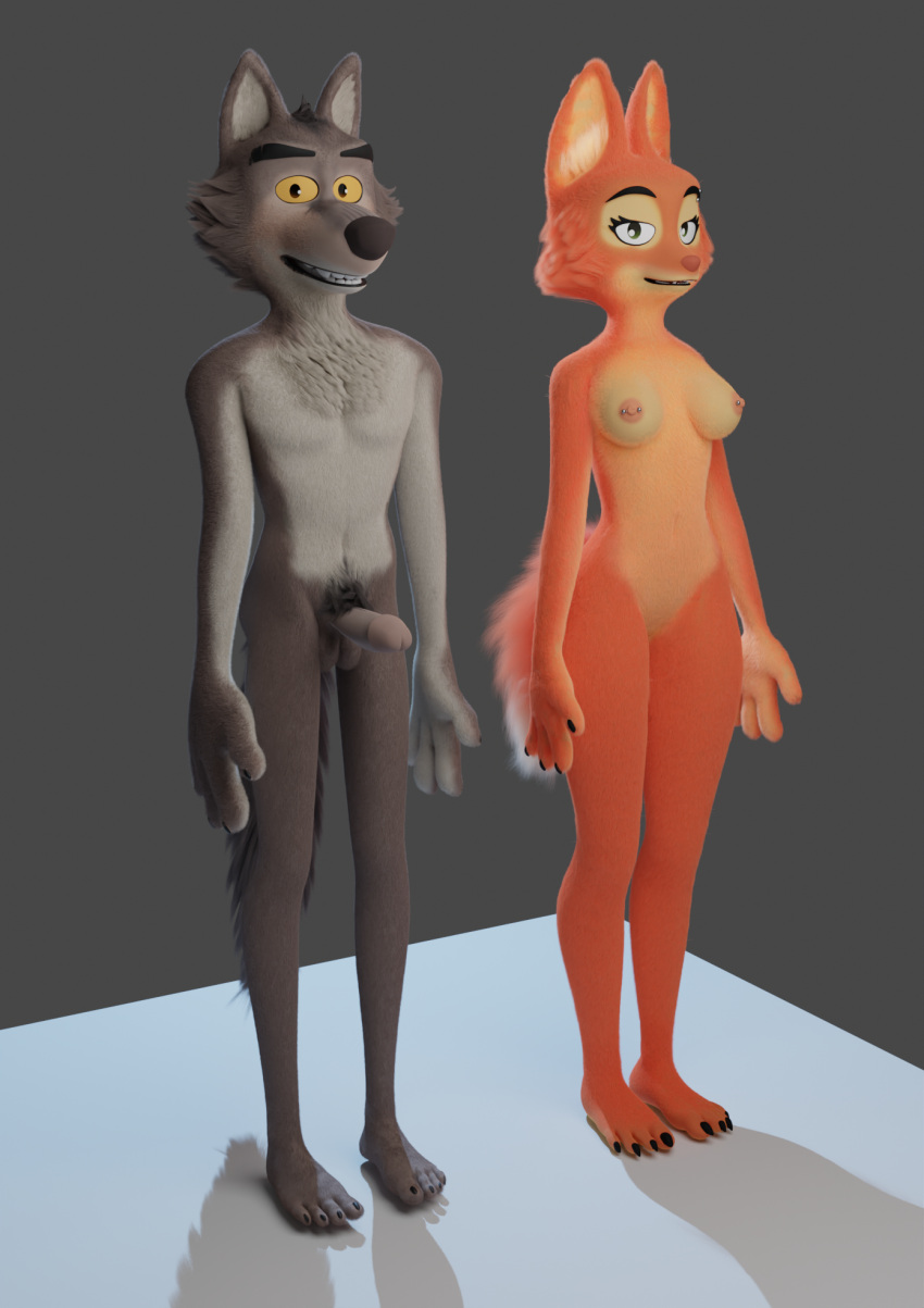 3d_(artwork) anthro canid canine canis diane_foxington digital_media_(artwork) dreamworks duo female fox furry hi_res male mammal mr._wolf_(the_bad_guys) nude ornateraven piercing the_bad_guys wolf