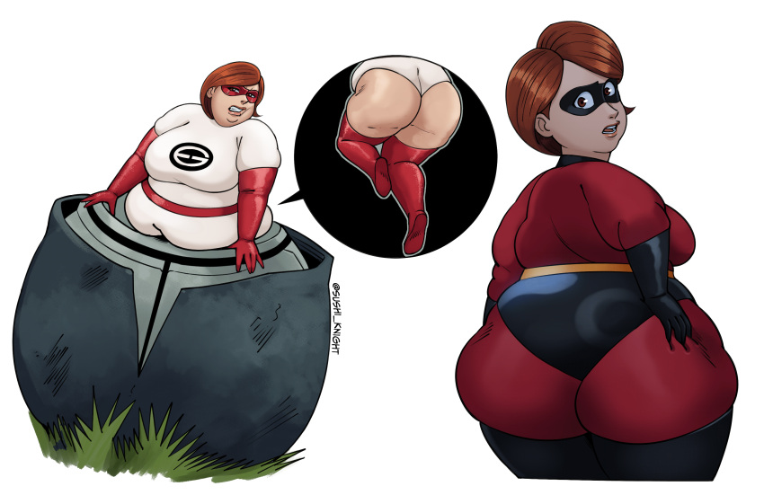 alternate_costume annoyed ass ass_grab bbw belly belly_bulge big_belly chubby chubby_female disney elastigirl elastigirl_(original_supersuit) eyemask eyewear fat female helen_parr leotard looking_back mask overweight overweight_female pixar plump pod pushing pushing_down skintight smooth_skin stuck stuck_by_belly stuck_in_object stuck_in_pod superheroine sushi_knight the_incredibles thunder_thighs tight_fit