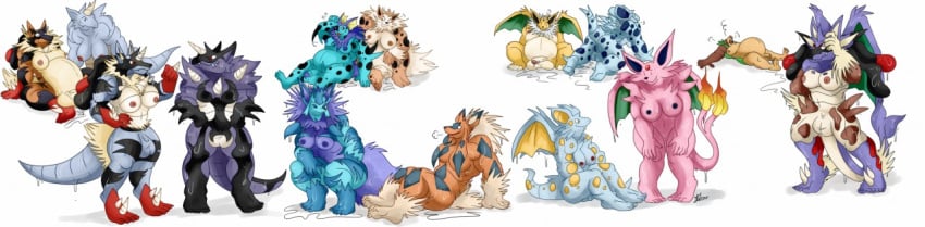 2015 anthro anthrofied arcanine charizard chespin espeon furry fusion futanari glaceon horn jolteon large_breasts lucario nelsonnoir nidoqueen nidorina nintendo pokemon pokemon_(species) pokemon_dppt pokemon_gsc pokemon_rgby rhydon vaporeon