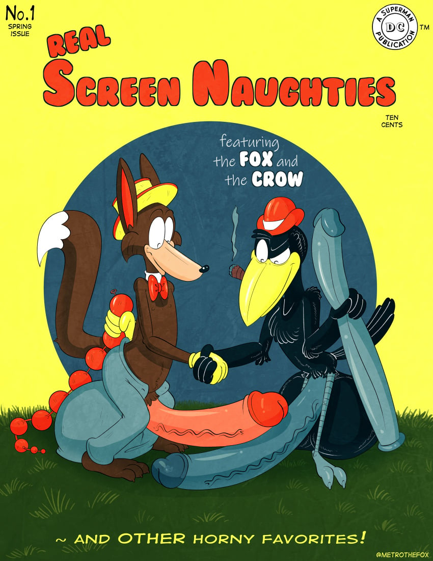 absurd_res anal_beads anthro avian balls big_balls big_penis bird bottomwear canid canine clothed clothing corvid corvus_(genus) cover cover_art cover_page crow dildo duo fox genitals gesture handshake hi_res huge_balls huge_cock hyper hyper_balls hyper_genitalia hyper_penis male male/male mammal metrothefox open_bottomwear open_clothing open_pants oscine pants passerine penis sex_toy smoking the_fox_and_the_crow