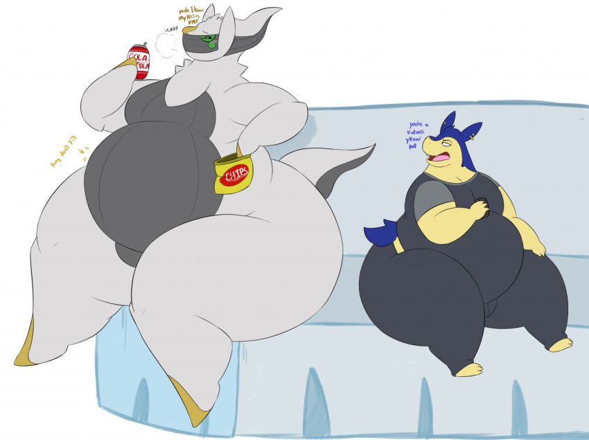 arceus eating_chips ice megacoolbear_(artist) no_humans obese obese_anthro pokemon sitting