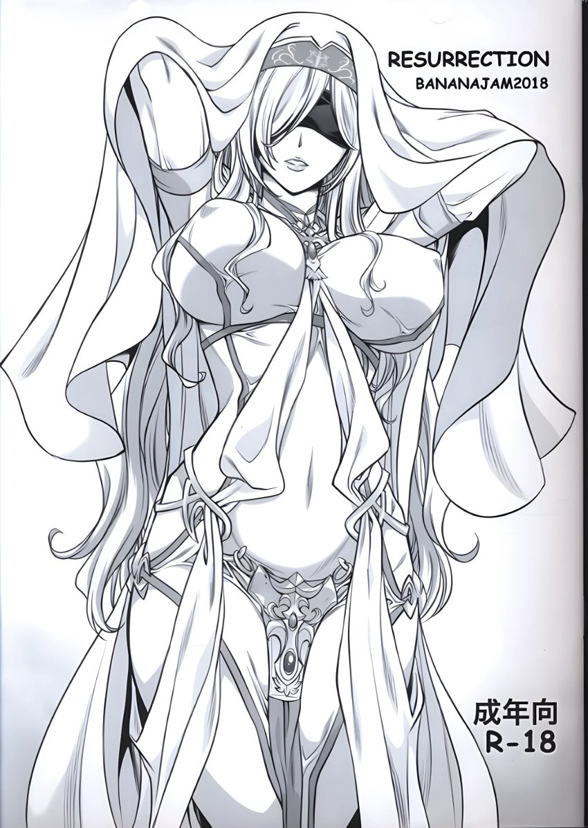 arms_behind_head arms_up blindfold breasts clothing cover covered_eyes cowboy_shot dress female female_only goblin_slayer greyscale jewelry large_breasts long_hair monochrome navel necklace nipples parted_lips pelvic_curtain shawl smile solo standing sword_maiden_(goblin_slayer) veil very_long_hair