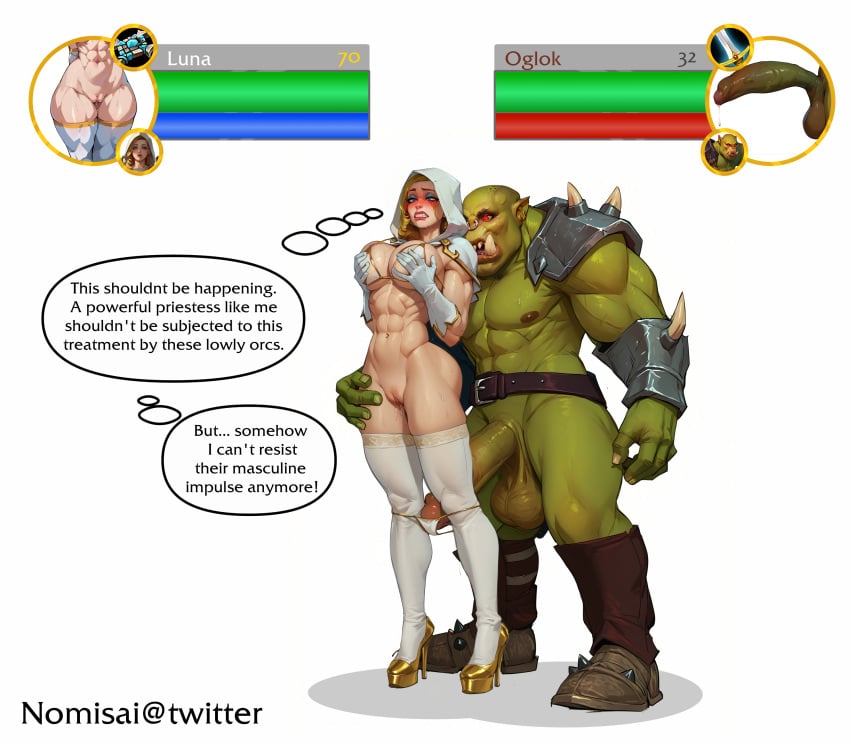 1boy 1girls ai_generated big_penis blonde_hair english_text female health_bar human human_(world_of_warcraft) human_female inminent_sex interspecies light-skinned_female light_skin luna_(noname55) male male/female nomisai orc orc_(warcraft) orc_male panties_down precum pussy stable_diffusion thong vagina world_of_warcraft