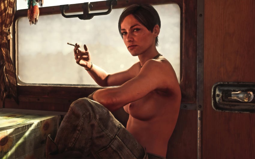 1girls 3d anna_miller_(metro) brown_hair cigarette jimpony metro_(series) metro_exodus topless topless_female