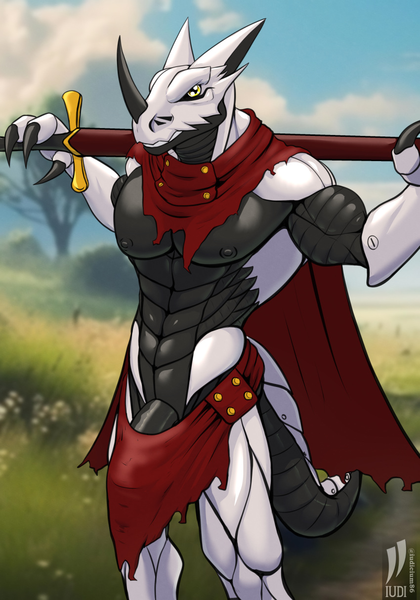 1boy 3_fingers abs anthro bandai_namco bottomwear bulge cape clothing digimon digimon_(species) fingers hackmon hi_res iudicium86 knight loincloth male male_only melee_weapon muscular nipples outside solo sword torn_clothing warrior weapon