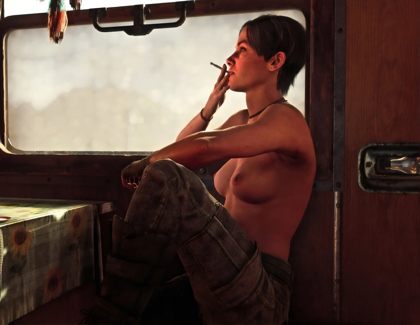 1girls 3d anna_miller_(metro) brown_hair cigarette jimpony metro_(series) metro_2033 metro_exodus short_hair smoking topless topless_female