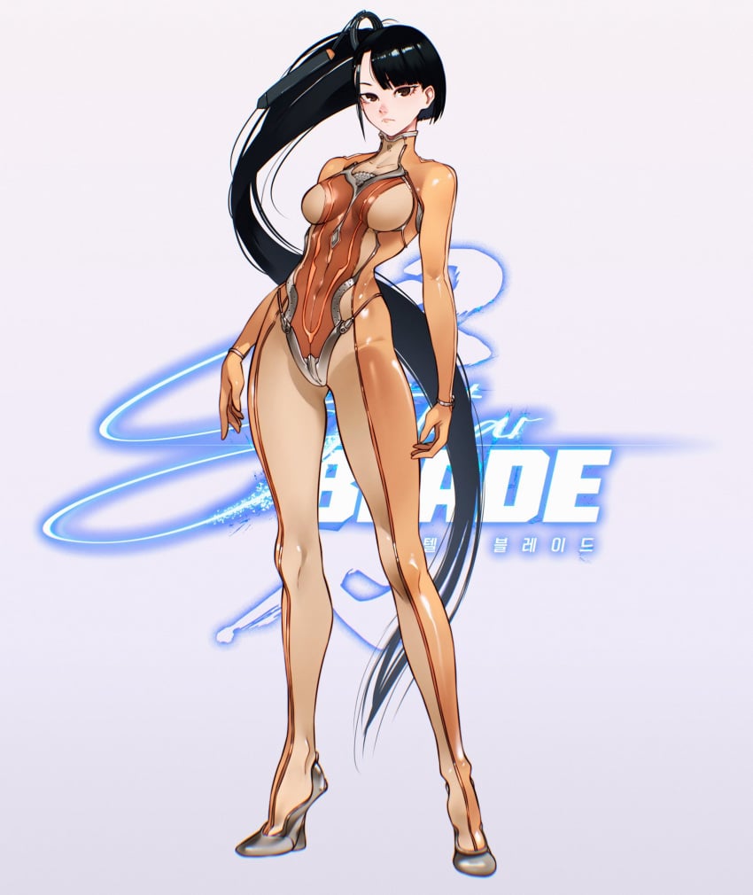 1girl 1girls 2d ass ass_visible_through_thighs big_ass big_breasts black_hair bodysuit breasts brown_bodysuit brown_eyes bust busty cesar_art456 chest copyright_name curvaceous curvy curvy_figure digital_media_(artwork) eve_(stellar_blade) female female_focus female_only full_body fully_clothed heel-less_heels high_heels hips hourglass_figure huge_ass huge_breasts human impossible_bodysuit impossible_clothes large_ass large_breasts legs light-skinned_female light_skin logo long_hair long_legs looking_at_viewer mature mature_female medium_breasts multicolored_bodysuit multicolored_clothes official_alternate_costume ponytail revealing_clothes see-through_bodysuit shift_up simple_background skin_suit_(stellar_blade) skin_tight slim_waist solo standing stellar_blade thick thick_hips thick_legs thick_thighs thighs tight_clothing two-tone_bodysuit very_long_hair voluptuous waist wide_hips