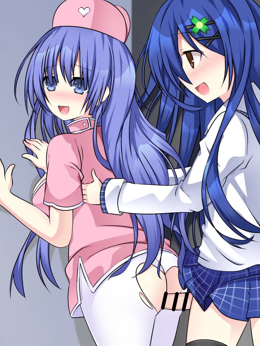 1futa 1girls against_wall artist_request ass bar_censor blue_hair blush breasts brown_eyes censored clothed clothing date_a_live duo erection female futa_on_female futanari futanari/female genderswap_(mtf) grey_eyes grey_hair human itsuka_shido itsuka_shiori izayoi_miku light-skinned_female light-skinned_futanari light_skin long_hair mostly_clothed nurse_uniform pantyhose penis ripped_pantyhose school_uniform sex skirt source_request standing thighs vaginal_penetration