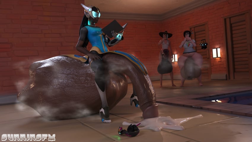 3d 3futas 3girls ashe_(overwatch) book bulge cock_vore cum d.va futa_only futanari hyper hyper_penis mei_(overwatch) musk musk_clouds musky musky_balls overwatch overwatch_2 partially_clothed self_upload sitting snowball_(overwatch) sunninsfw symmetra vore vore_bulge