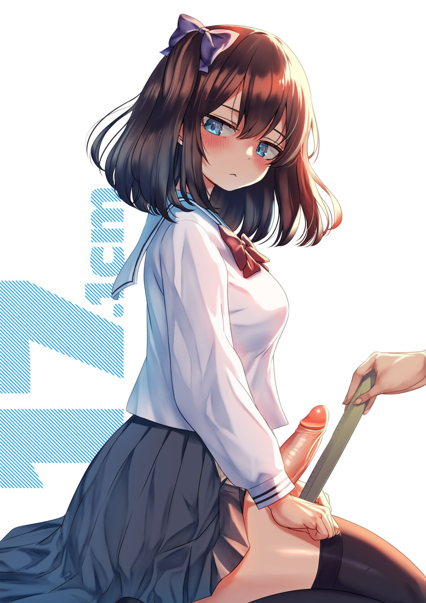 1futa 1other ayanakitori big_breasts breasts brown_hair clothed clothing decensored erection futa_focus futanari hairbow human kneeling light-skinned_futanari light_skin measurements measuring measuring_penis mostly_clothed original penis penis_out ruler school_uniform schoolgirl short_hair solo_focus thighhighs uncensored