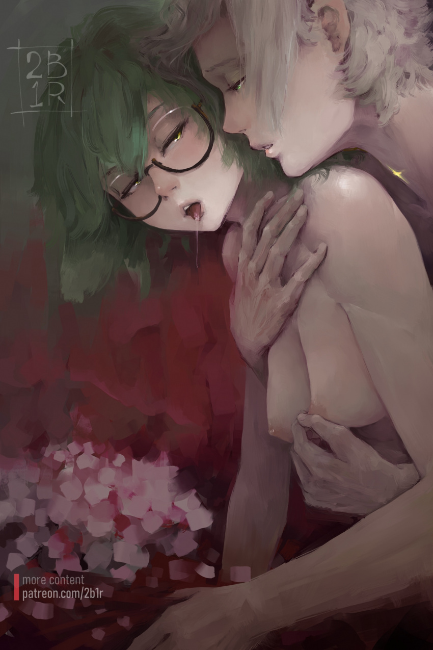 1boy 2bells1ravine albecrose albedo_(genshin_impact) breast_grab breasts female genshin_impact glasses green_eyes green_hair hug hug_from_behind nipples open_mouth saliva saliva_trail short_hair small_breasts smile sucrose_(genshin_impact) tongue_out topless white_hair