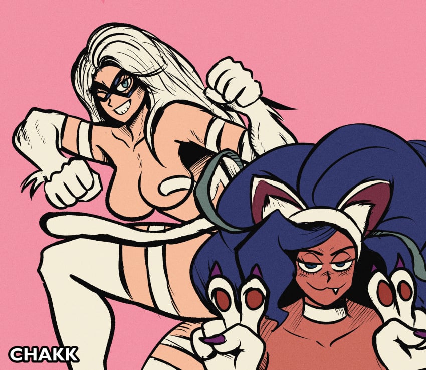 2girls big_breasts black_cat_(marvel) blue_eyes blue_hair breasts cat_ears catgirl chakkux cosplay crossover darkstalkers eastern_and_western_character felicia felicia_(cosplay) felicia_(darkstalkers) felicia_hardy female female_only first_porn_of_artist long_hair marvel multiple_girls name_connection posing spider-man_(series) white_hair wink