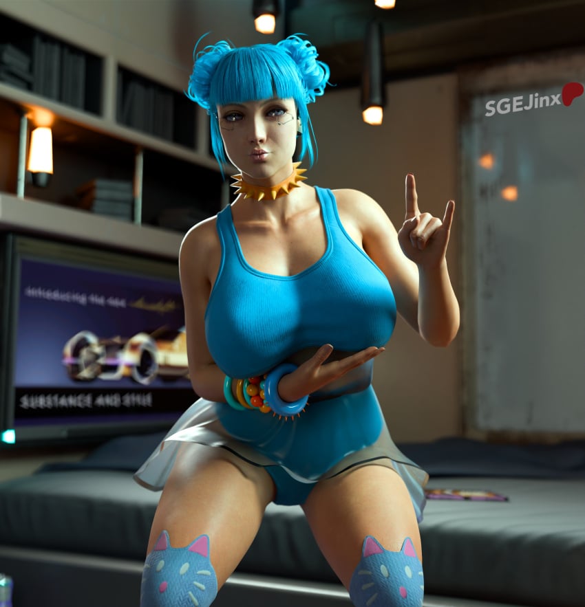 1girls 3d 3d_(artwork) ass bed bedroom bedroom_eyes blender blender_cycles blue_hair blue_moon_(cyberpunk_2077) blue_shirt blurry_background books bookshelf bracelet bracelets breasts bust cd_projekt_red cleavage clothed costume curvaceous curvy curvy_body curvy_female curvy_figure curvy_hips cybernetics cyberpunk cyberpunk_(series) cyberpunk_2077 female female_focus female_only high_resolution highres holding_breast light-skinned_female light_skin lights magazine patreon_logo patreon_username pose poster sgejinx_(artist) skirt solo solo_female spiked_bracelet spiked_collar squatting stacked tv twitter_username us_cracks window