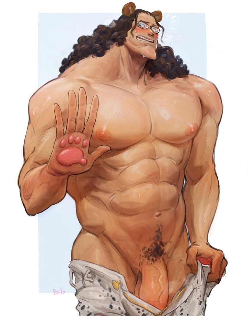 1boy abs animal_ears artist_name bartholomew_kuma bear_ears black_hair black_pubic_hair blush clothes_pull curly_hair embarrassed flaccid furrowed_brow glasses hand_up highres kuyuen1 long_hair looking_at_viewer male_focus male_only male_pubic_hair muscular muscular_male navel nipples nose_blush nude one_piece open_fly open_mouth open_pants pants pants_pull pawpads pectorals penis pubic_hair rollo_(kuyuen1) solo stomach sweat unzipped veins veiny_penis zipper zipper_pull_tab