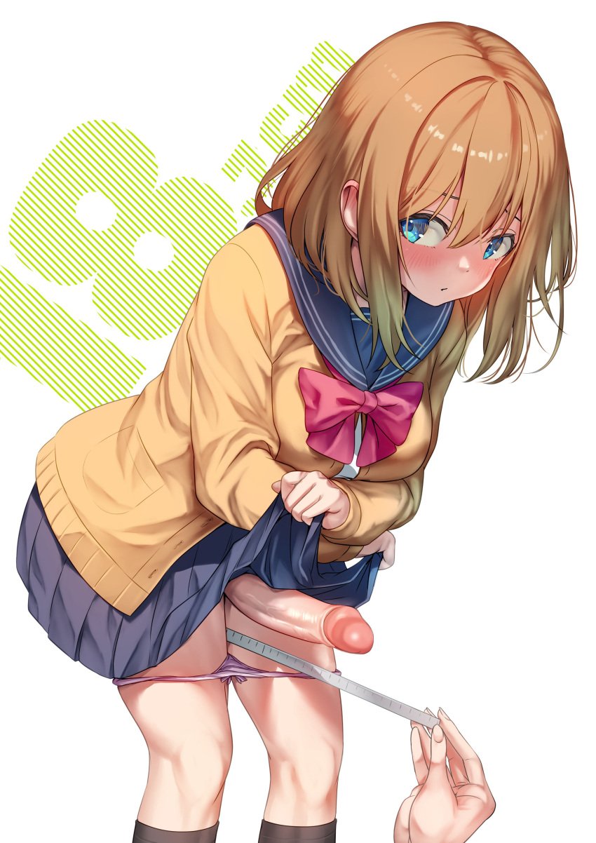 1futa 1other ayanakitori bent_over big_breasts big_penis blonde_hair breasts clothed clothing decensored erection futa_focus futa_sans_balls futanari human light-skinned_futanari light_skin measurements measuring measuring_penis medium_hair mostly_clothed original panties panties_down penis ruler school_uniform schoolgirl skirt skirt_lift solo_focus standing tagme uncensored