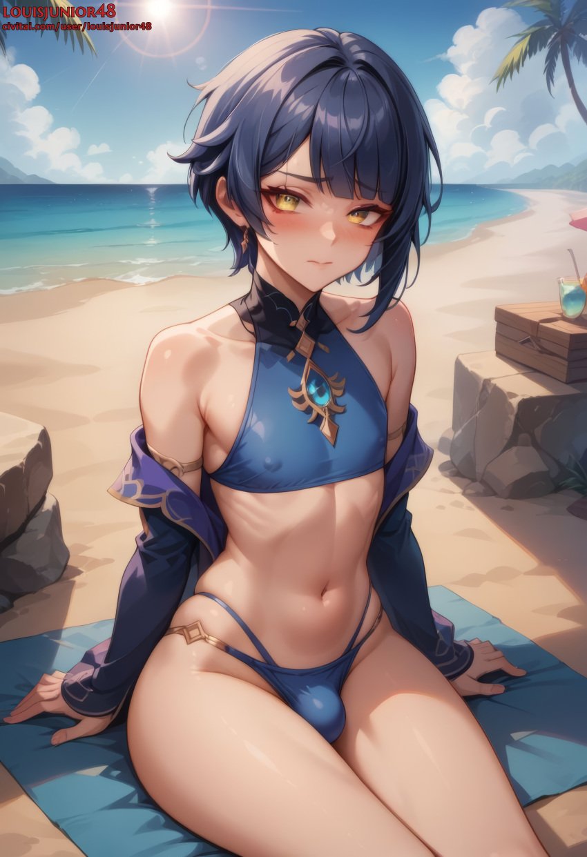 1boy ai_generated balls balls_under_clothes bangs beach bikini bikini_bottom bikini_top blue_bikini blue_hair blush bulge civitai embarrassed femboy feminine_male genshin_impact highres hips light-skinned_male light_skin looking_at_viewer louisjunior male male_focus male_only midriff mihoyo mostly_clothed navel nipple_bulge nipples ocean otoko_no_ko outdoors penis penis_under_clothes sitting skin_tight skindentation slim solo solo_focus solo_male sunshine testicles thick_thighs thighs tight_clothing trap twink uncensored upscaled wide_hips xingqiu_(genshin_impact) yellow_eyes