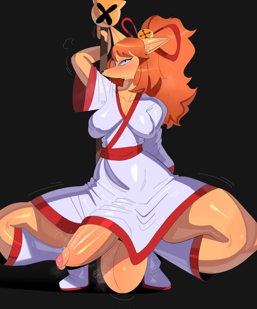 1futa anthro balls big_balls big_breasts big_penis boots breasts canine ceroba_(undertale_yellow) ceroba_ketsukane clothing furry futa_only futanari hair_bell hair_ornament hi_res huge_balls huge_cock intersex kimono long_hair looking_at_viewer mostly_nude orange_hair penis precum precum_drip solo solo_futa squatting staff tagme tayuri thick_thighs undertale undertale_au undertale_yellow voluptuous voluptuous_futanari