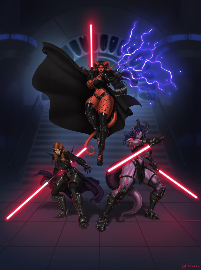 3girls armor athletic_female belms big_breasts big_thighs breasts color crossover demon_hunter demon_hunter_(warcraft) draenei eredar female fishnets force_lightning hooves horns horns_and_hooves human lightning lightsaber night_elf no_text original original_characters purple_skin red_lightsaber red_skin sith star_wars svanna thighs warcraft world_of_warcraft wow