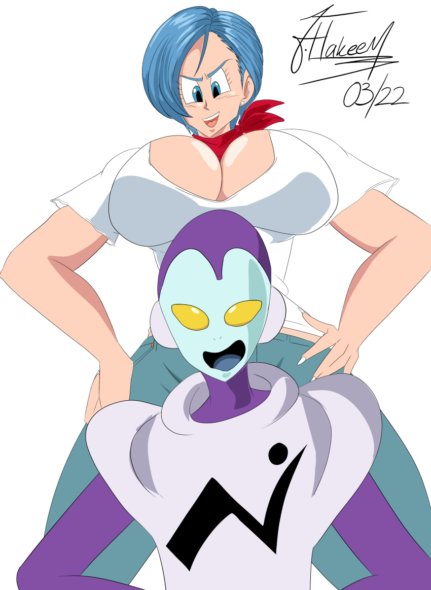 alien blue_eyes blue_hair bulma_briefs cleavage dragon_ball dragon_ball_super dragon_ball_z earrings female fully_clothed hakeem89 highres jaco jaco_the_galactic_patrolman jeans large_breasts light-skinned_female male married_woman mature_female milf mother red_scarf scarf shirt white_shirt wife