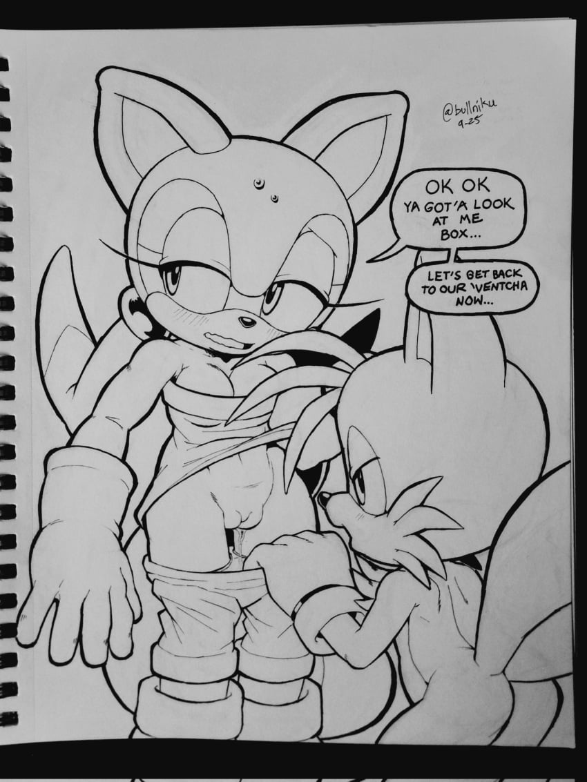 1boy 1boy1girl 1girls anthro ass cleavage drawing dripping english_text fox hotred imminent_sex leaking marine_the_raccoon miles_prower no_panties raccoon sega sonic_(series) sonic_rush_adventure sonic_the_hedgehog_(series) spats speech_bubble tagme tails tails_the_fox text vagina