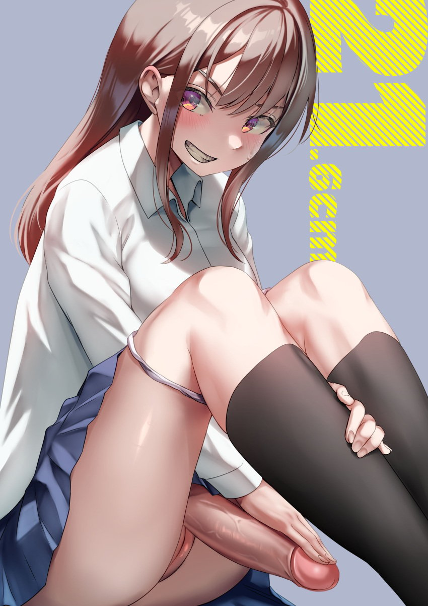 1futa ayanakitori big_penis black_socks blonde_hair bottomless breasts clothed clothing cock-tail decensored erection futa_only futa_sans_balls futanari hand_on_own_penis holding_penis_down human light-skinned_futanari light_skin long_hair measurements measuring_penis mostly_clothed original penis pussy school_uniform schoolgirl sitting solo text uncensored