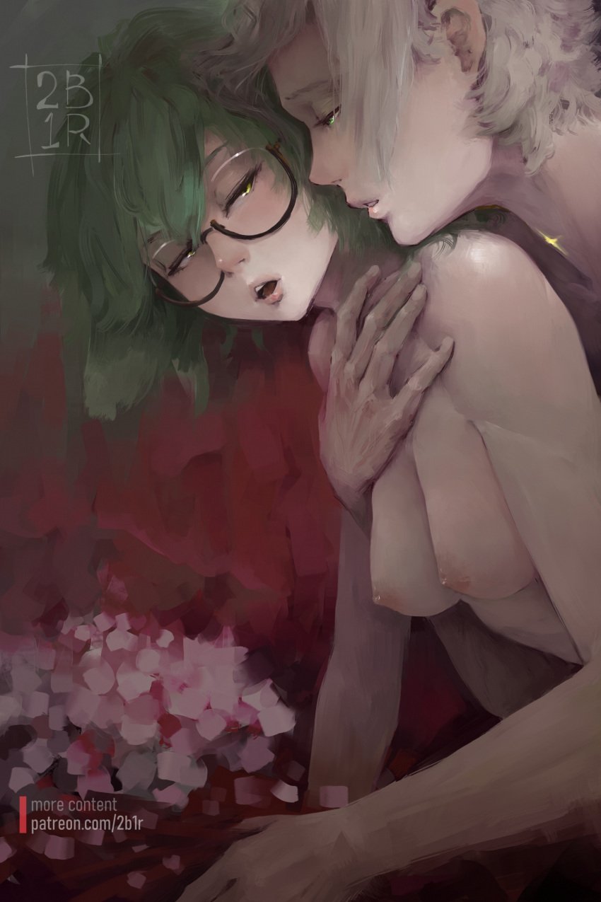 1boy 2bells1ravine albecrose albedo_(genshin_impact) breasts female genshin_impact glasses green_eyes green_hair hug hug_from_behind nipples open_mouth short_hair small_breasts smile sucrose_(genshin_impact) topless white_hair