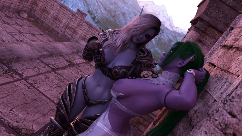 2girls 3d big_breasts blizzard_entertainment blonde_hair blue_skin chains collar ditzydoesdigital forsaken green_hair leash night_elf purple_skin pussy sylvanas_windrunner tyrande_whisperwind undead undead_(warcraft) voluptuous voluptuous_female warcraft wide_hips world_of_warcraft yuri