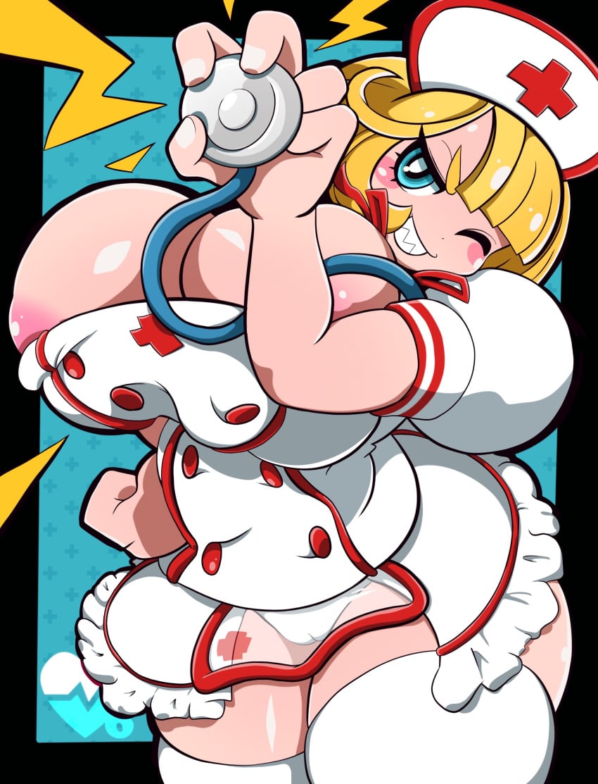 big_breasts blonde_hair breasts bursting_breasts cinnamon6 cinnamon_gaudille cleavage gigantic_breasts huge_breasts large_breasts mega_man mega_man_x nipple_slip nipples nurse nurse_uniform thick_thighs thighs