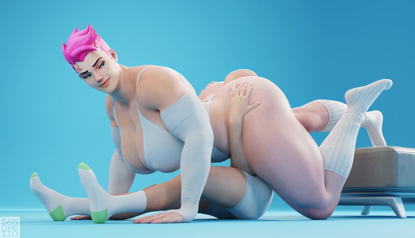 1boy 1girls ass_grab athletic_female big_ass big_breasts bridal_gauntlets dat_ass dominant_female eyebrow_slit femdom kneehighs larger_female leotard looking_back muscular_female nipple_bulge overwatch overwatch_2 pink_hair pink_nails sandreiio scar short_hair smaller_male smothering smothering_ass socks taller_girl thick_ass thick_thighs zarya