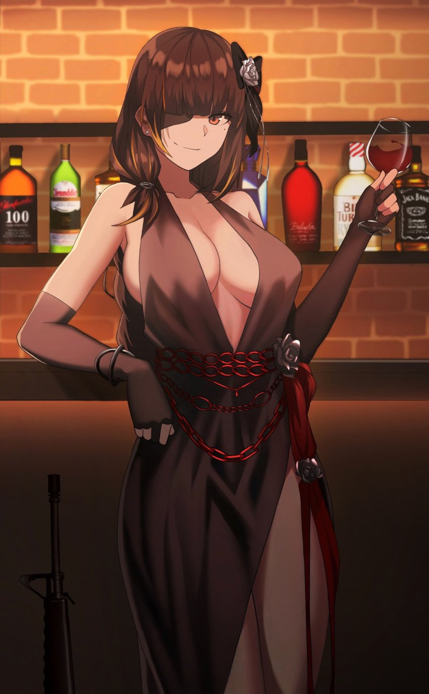 1girls absurdres alcohol assault_rifle bangs black_dress black_gloves bottle braid breasts brick_wall brown_eyes brown_hair cero_(last2stage) cleavage closed_mouth cup dress drinking_glass earrings elbow_gloves eyepatch female female_only flower girls'_frontline gloves gun hair_flower hair_ornament halterneck highres holding holding_cup indoors jewelry large_breasts leaning_on_object long_hair looking_at_viewer m16 m16a1 m16a1_(girls'_frontline) mole mole_under_eye multicolored_hair no_bra partially_fingerless_gloves plunging_neckline rifle scar scar_across_eye scar_on_face shelf single_braid smile solo standing weapon wine wine_glass