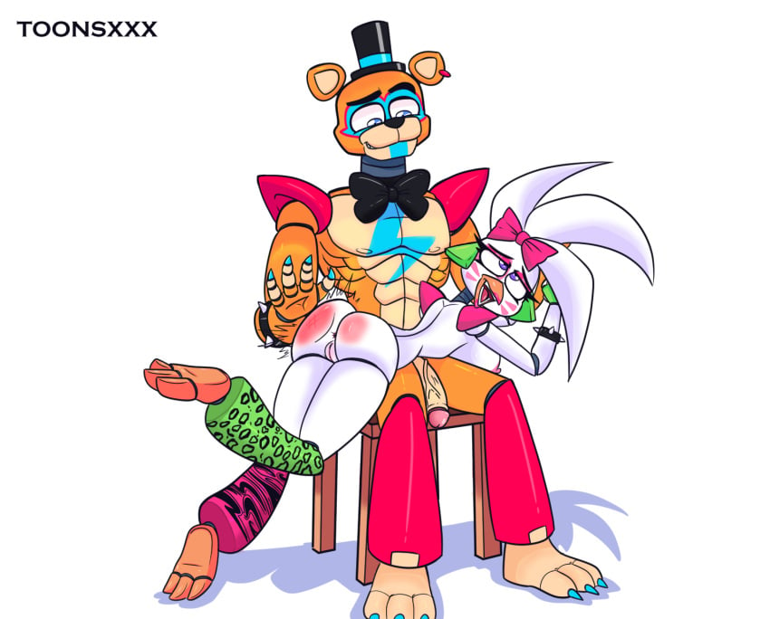 animatronic animatronics anus areola ass ass_focus big_penis breasts dick five_nights_at_freddy's five_nights_at_freddy's:_security_breach glamrock_chica_(fnaf) glamrock_freddy_(fnaf) nipples penis pussy scottgames spanked_butt spanking spanking_ass toonsxxx white_background