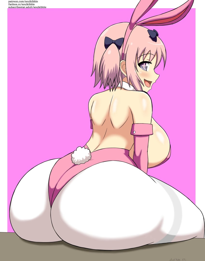 1girls ass ass_focus big_breasts big_butt booty bow breasts bunny_ears bunny_girl bunny_tail hair_ornament hibari_(senran_kagura) looking_at_viewer looking_back pink_hair senran_kagura senran_kagura_(series) short_hair solo soulkibble thick_ass thick_thighs twintails