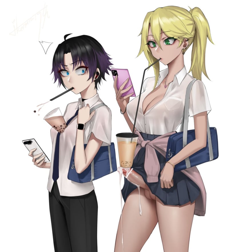 1boy 1futa boba_tea bubble_tea_challenge clothed clothing cum dickgirl duo fullta_futanari fully_clothed futanari golden_hair hands-free hands-free_bubble_tea ikemeru19 mano_ikarashi mostly_clothed penis_awe