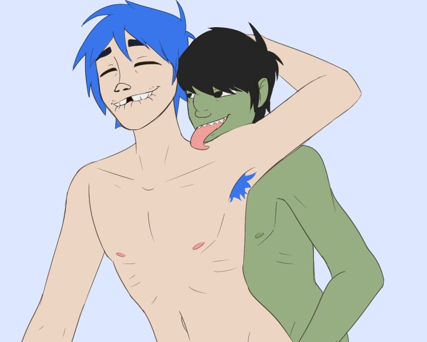 2boys 2d 2d_(gorillaz) armpit armpit_hair armpits biting_lip biting_own_lip black_hair blue_armpit_hair blue_hair chest collarbone dominant_male duo flat_colors gorillaz green_male green_skin lewdiatime long_tongue male male_only murdoc_niccals nipples not_shaded not_signed pink_nipples sharp_teeth skinny skinny_male spiky_hair stuart_pot submissive_male tooth_gap twink unshaded