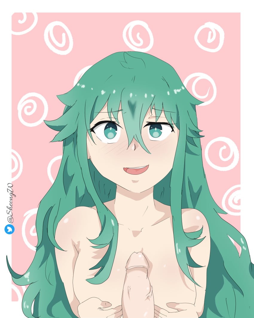 ass breast_grab clavicle curly_hair date_a_live dick flat_chest green_eyes green_hair kyouno_natsumi long_hair paizuri sheong_wong smile titfuck titjob