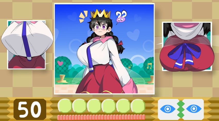 1girls ass big_ass big_breasts black_hair breasts bubble_butt busty captain_kirb clothing confusion crown dat_ass fat_ass female front_view gameplay_mechanics glasses huge_ass huge_breasts kirby_(series) kirby_64 large_ass large_breasts looking_at_viewer purple_eyes queen_ripple rear_view royalty thick_ass thick_thighs wide_hips