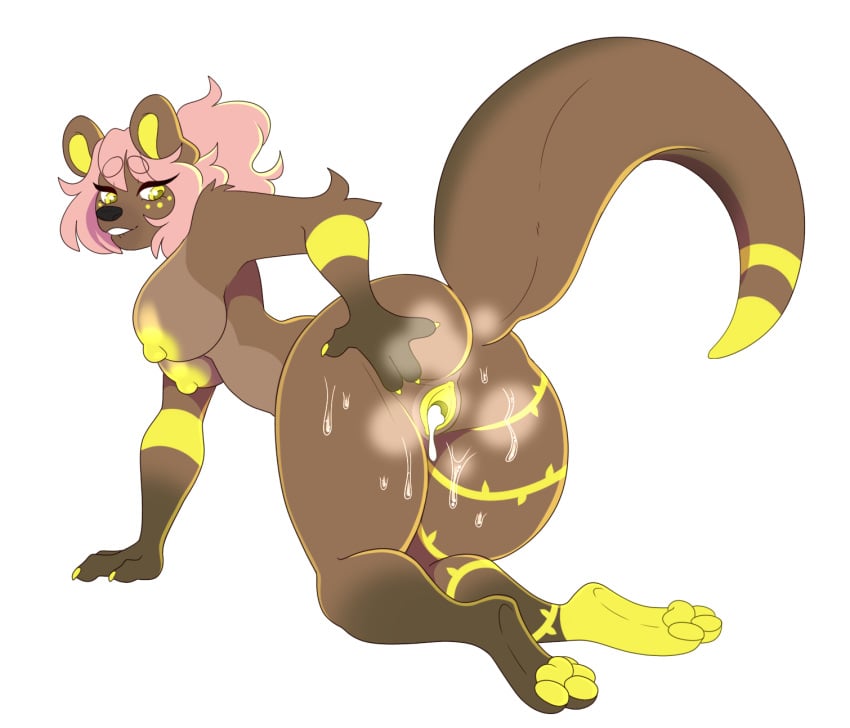 anthro ass big_tail bodily_fluids brown_body brown_fur butt_grab casey_quartz cum female fur genital_fluids hair hand_on_butt hi_res leaking_cum looking_back looking_pleasured mammal markings mustelid otter pawpads pilvi_owo pink_hair solo steaming sweat tail transparent_background vaginal_fluids yellow_eyes yellow_markings