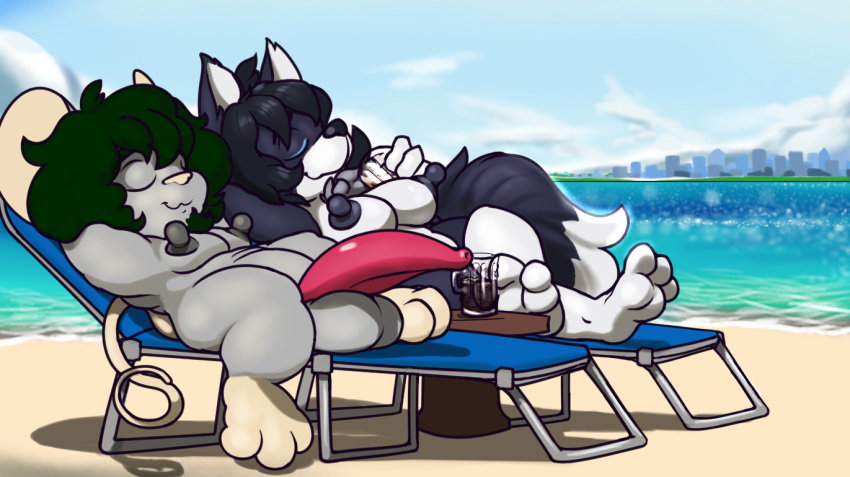 afro anthro areola ass beach beach_chair belly beverage big_ears big_nipples big_penis black_areola black_hair black_sclera breasts buttons_(nipples) canid canine canis casual_exposure casual_nudity chest_tuft container cup duo facial_hair female fluffy fluffy_hair fluffy_tail fur genitals goatee green_hair grey_body grey_fur hair half-erect lemonfaace lilithdog lounging male mammal nimmy nipples nubbed_penis outside paws penis red_penis sand short_stack size_difference slightly_chubby spots tail tefemmosus thick_thighs tuft water white_belly wolf