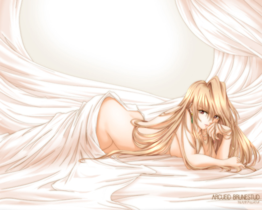 00s akatsuki_akane arcueid_brunestud bed blonde_hair breasts covering_privates earrings female jewelry long_hair lying nail_polish nude nude_cover on_stomach red_eyes solo tsukihime wallpaper